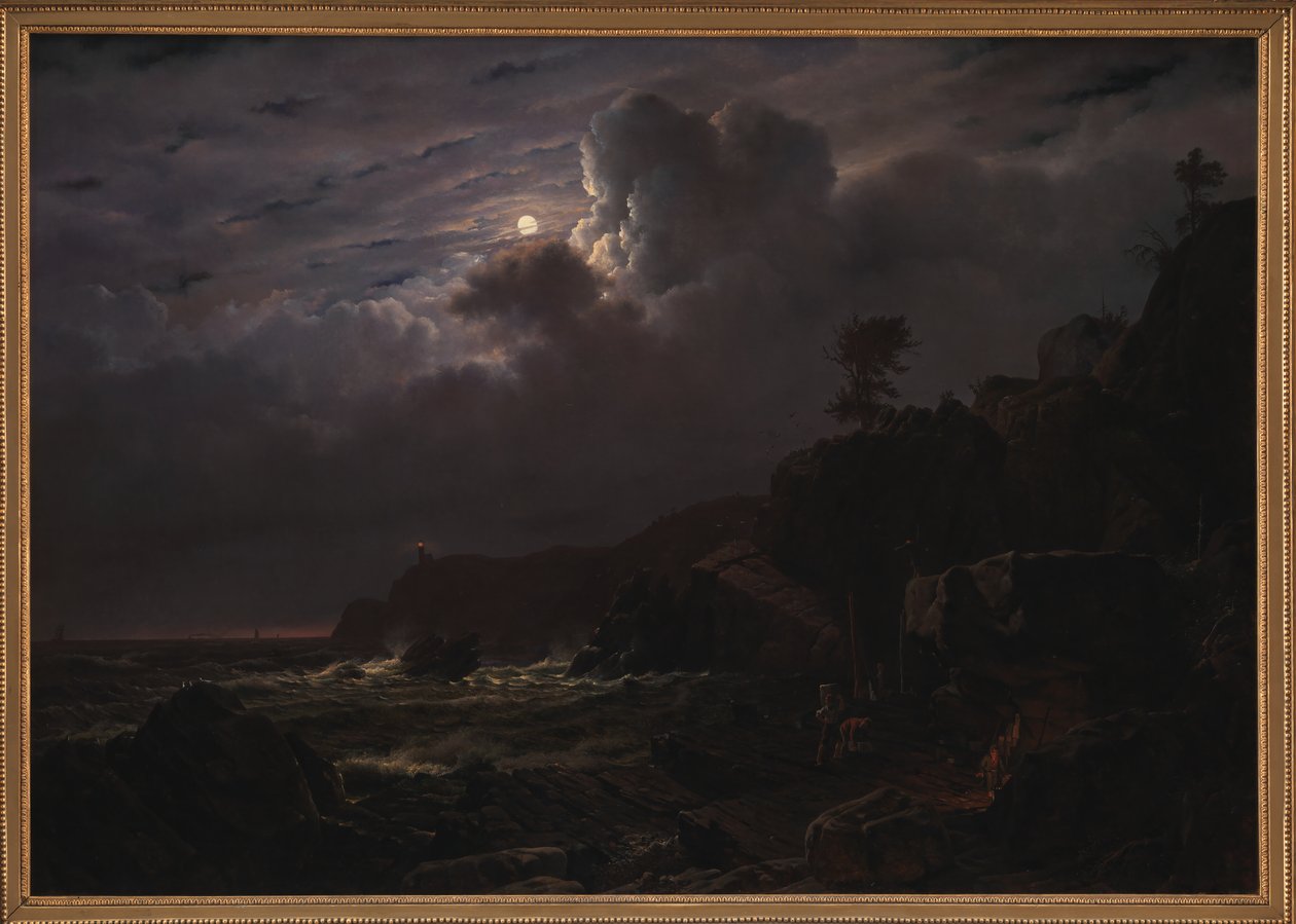 Kilátás Kullenre Svédországban. Csempészek áruikat a sziklák között rejtegetik. Holdfény alkotó: Louis Gurlitt