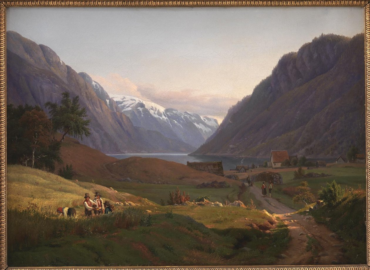 Kilátás az Oddára a Sør-fjordnál Hardangerben, Norvégiában. Reggeli fényben alkotó: Louis Gurlitt