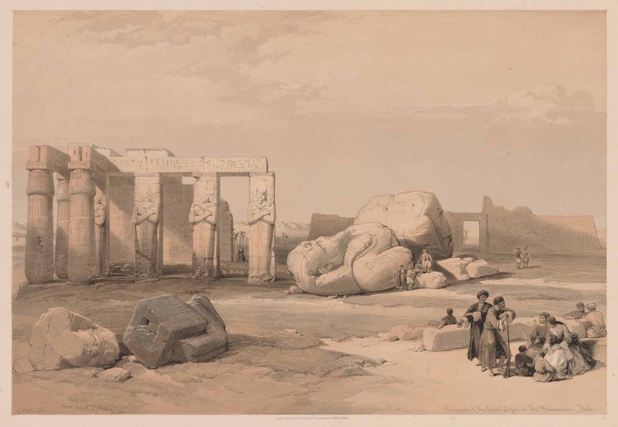 Egyiptom és Núbia: II. kötet – 4. szám, A nagy kolosszusok töredékei, a memnóniumnál, 1838. alkotó: Louis Haghe