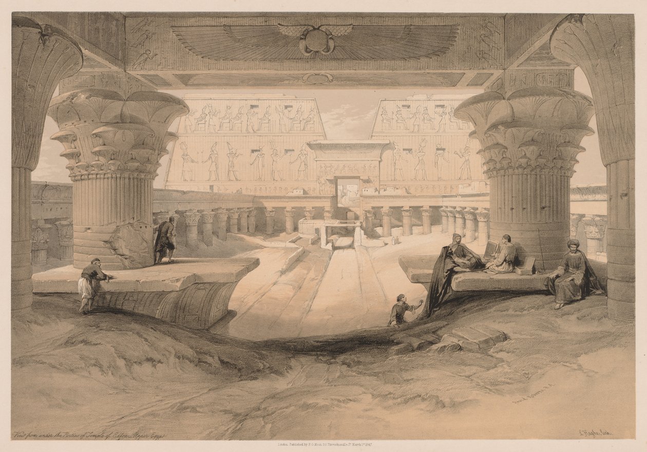 Egyiptom és Núbia: I. kötet - 32. szám, Kilátás az Edfou-templom portikusza alól..., 1838. alkotó: Louis Haghe
