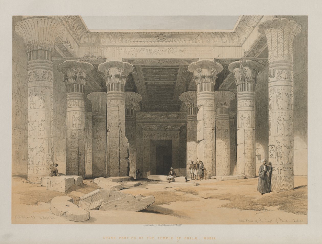 Egyiptom és Núbia, I. kötet: Grand Portico of the Temple of Philae, Núbia, 1847. alkotó: Louis Haghe