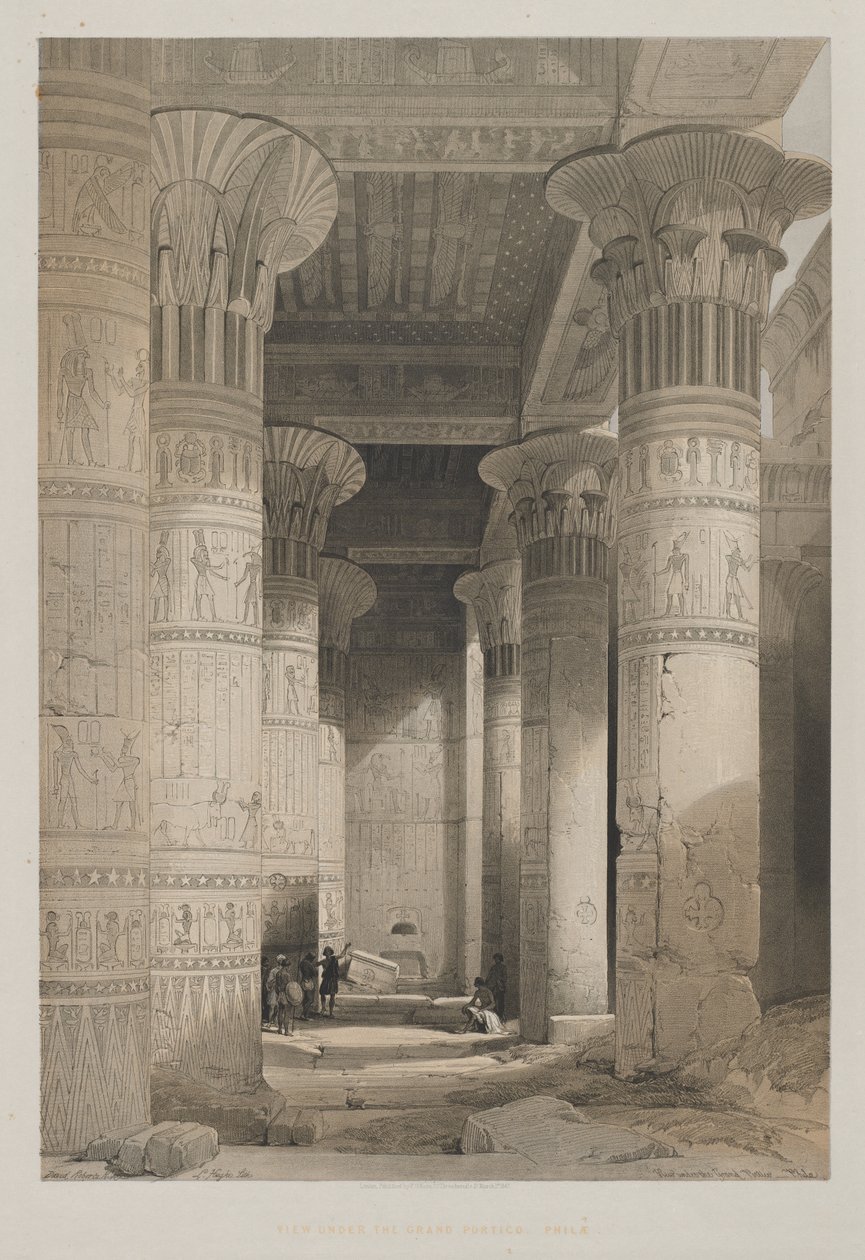 Egyiptom és Núbia, I. kötet: Kilátás a templom nagy portikája alatt, Philae, 1846. alkotó: Louis Haghe