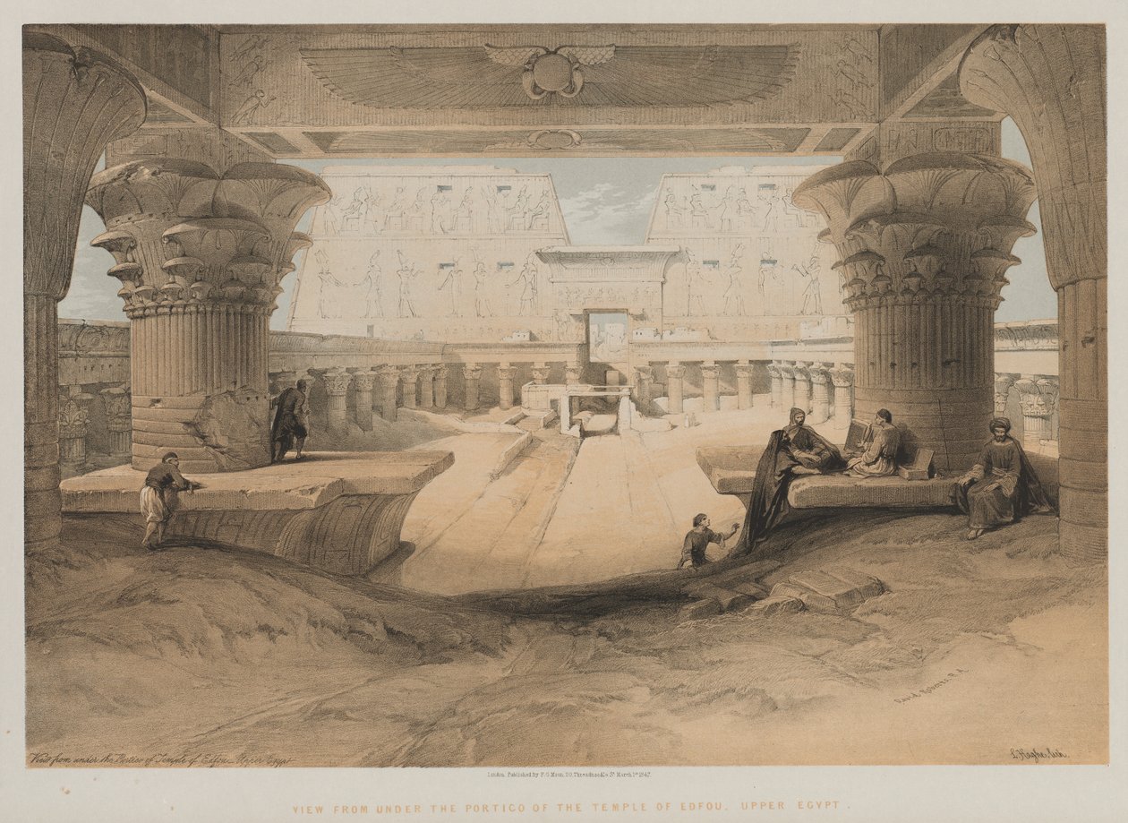Egyiptom és Núbia, I. kötet: Kilátás az Edfou-templom portikája alól, Felső-Egyiptom, 1847. alkotó: Louis Haghe
