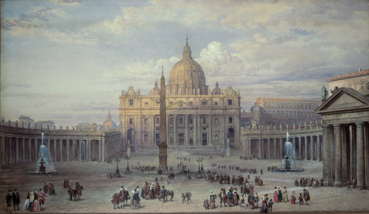 A római Szent Péter-templom külseje a Piazza felől, 1868 alkotó: Louis Haghe