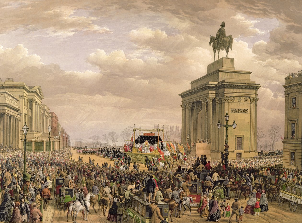 Wellington hercegének temetése, az Apsley House boltíve mellett elhaladó temetkezési autó, 1852. november 18., Thomas Picken (fl. 1838-1870), kocsma. Írta: Ackermann és Day, 1853 alkotó: Louis Haghe