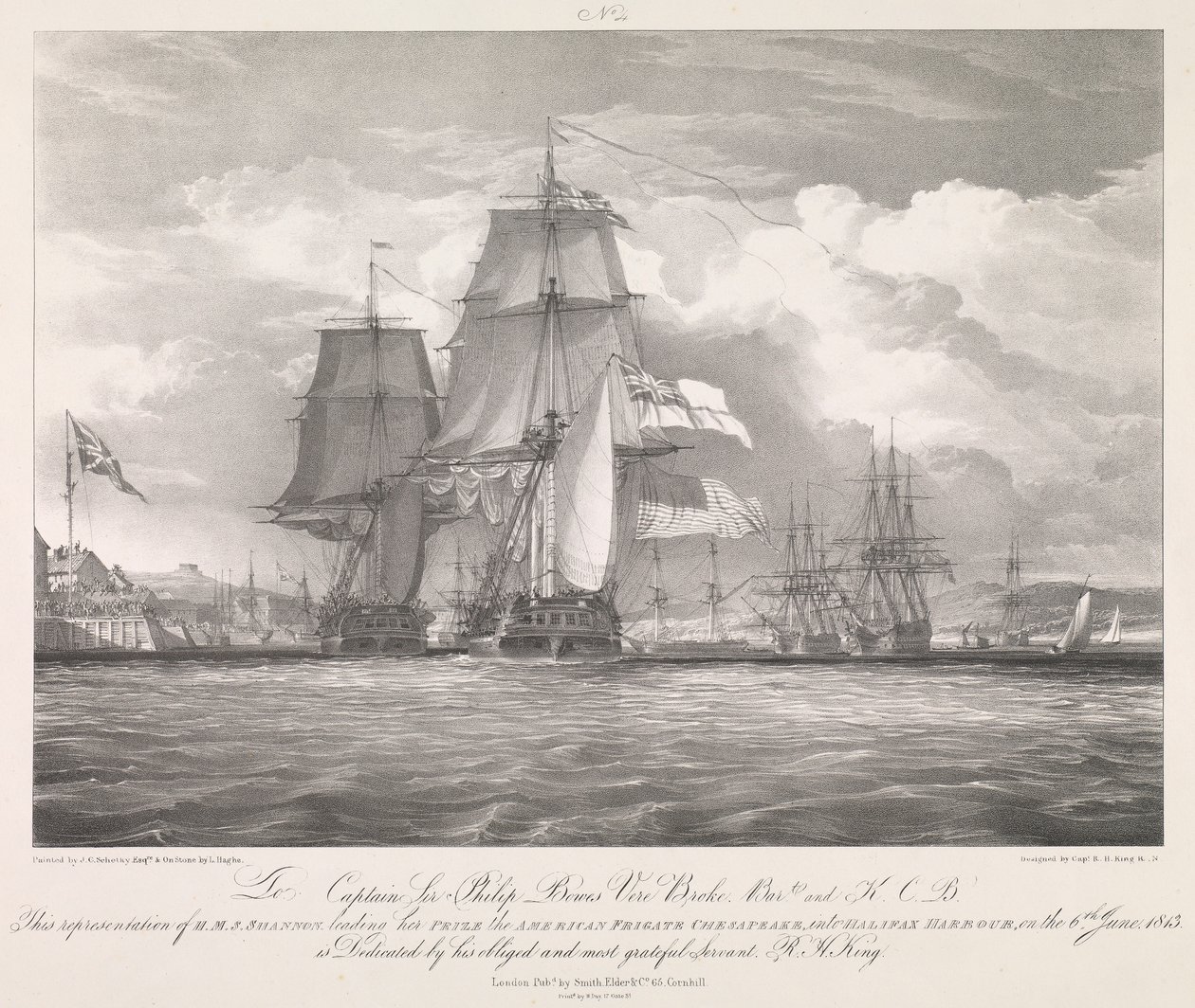 A HMS "Shannon" vezeti zsákmányát, a "Chesapeake" (1806) amerikai fregattot Halifax kikötőjébe, Új-Skócia, 1813. június 6-án, 1815 körül (litográfia). alkotó: Louis Haghe