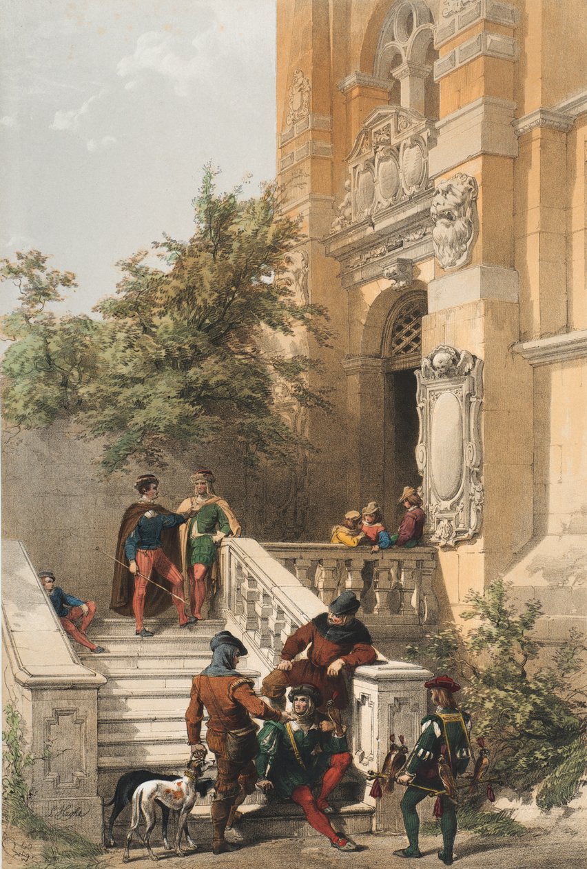 Heidelberg (szolgák és udvaroncok egy kastély márvány tornácán), 1850 alkotó: Louis Haghe