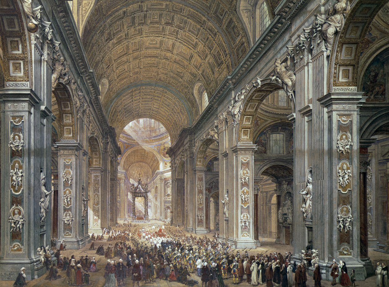 Szent Péter belseje, Róma, 1867 (ceruza és WC papíron) alkotó: Louis Haghe