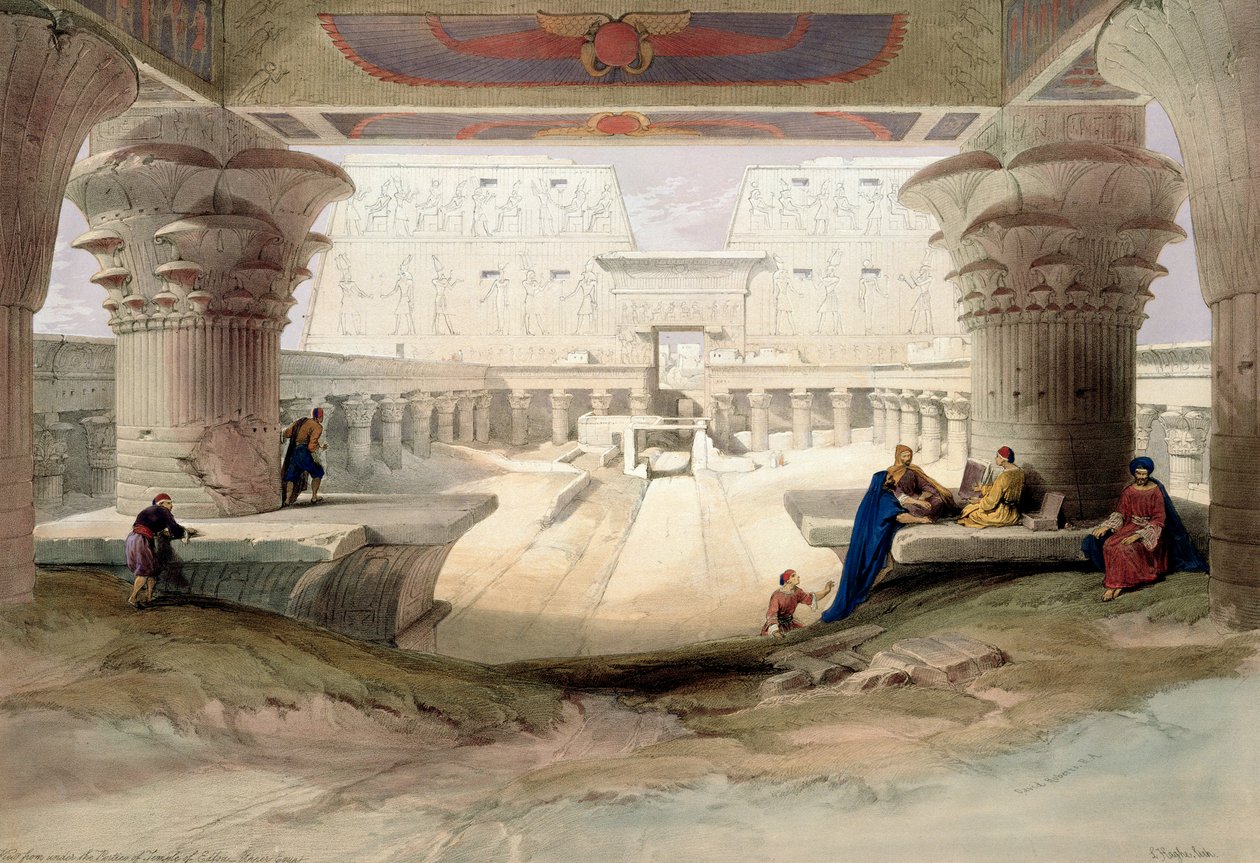 „Kilátás az Edfou-templom kapuja alól, Felső-Egyiptom”, 1846 alkotó: Louis Haghe