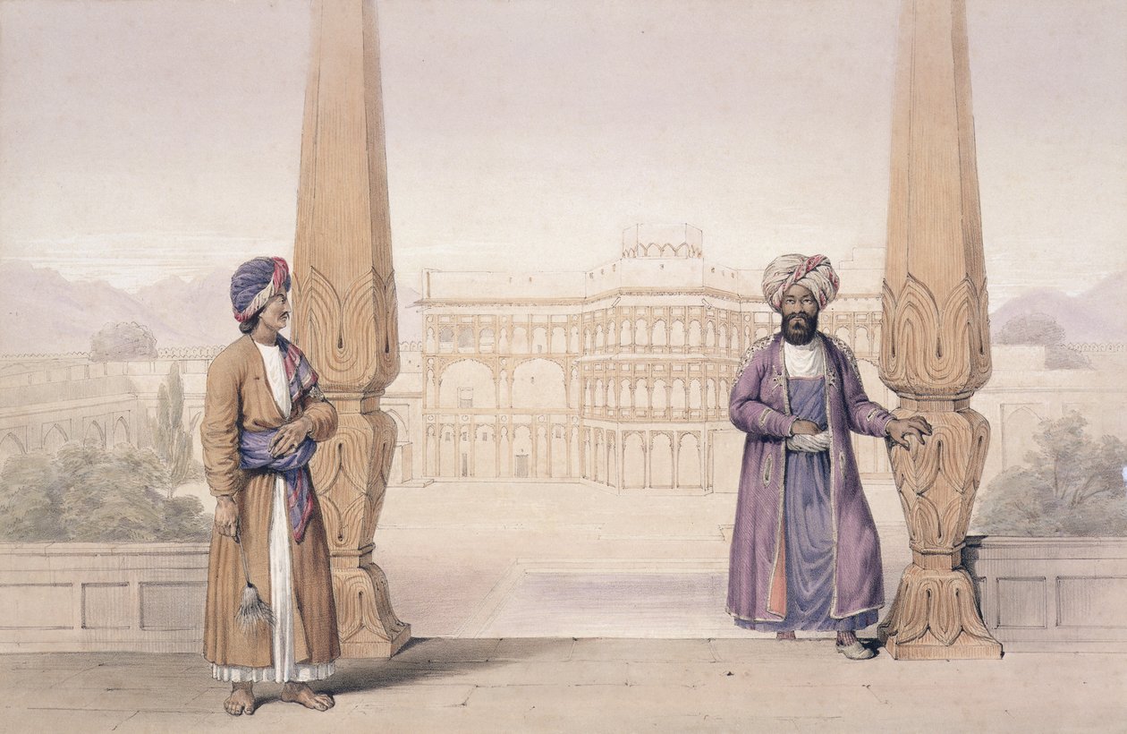 Egy Dooranee nemes és kísérője a kandahári palotában, a Lockyer Willis Hart kapitány által írt "Characters and Costumes of Afghuanistan" című, 1843-ban kiadott könyvből. alkotó: Louis Hague