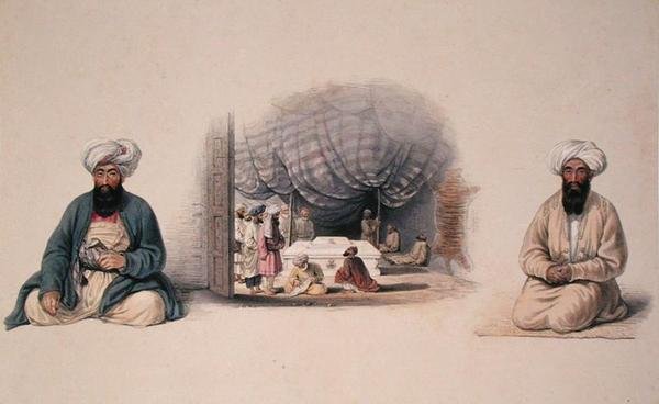 Shereen Khan kán és Hagee Khan Kaiker Dost Mohamed sírjának belső nézete mellett Lockyer Willis Hart kapitány Afghuanisztán karakterei és jelmezei című könyvéből, 1843-ban (színes litó) alkotó: Louis Hague
