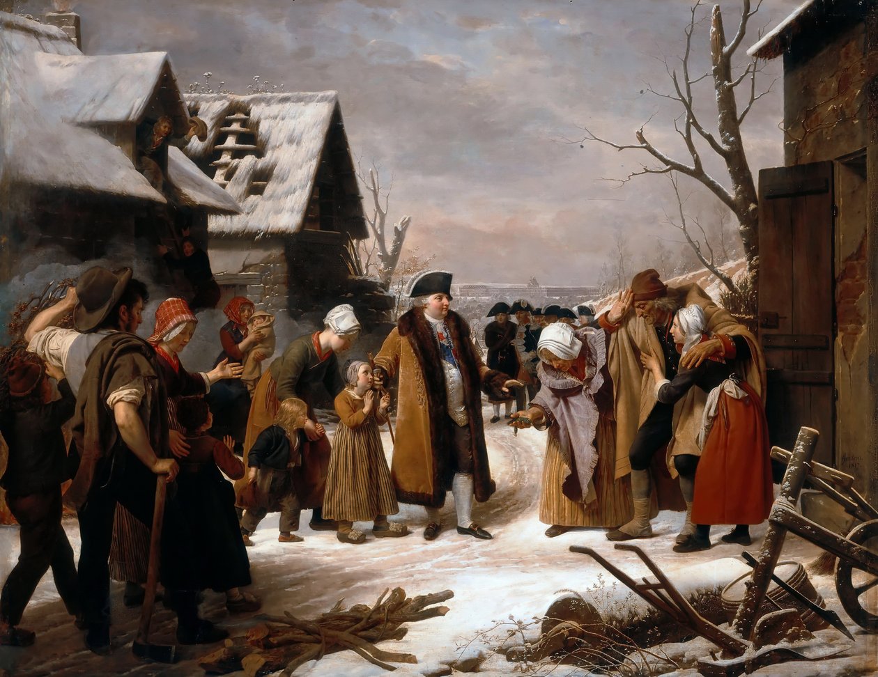 XVI. Lajos alamizsnát osztott Versailles szegényeinek 1788 telén alkotó: Louise Marie Jeanne Hersent