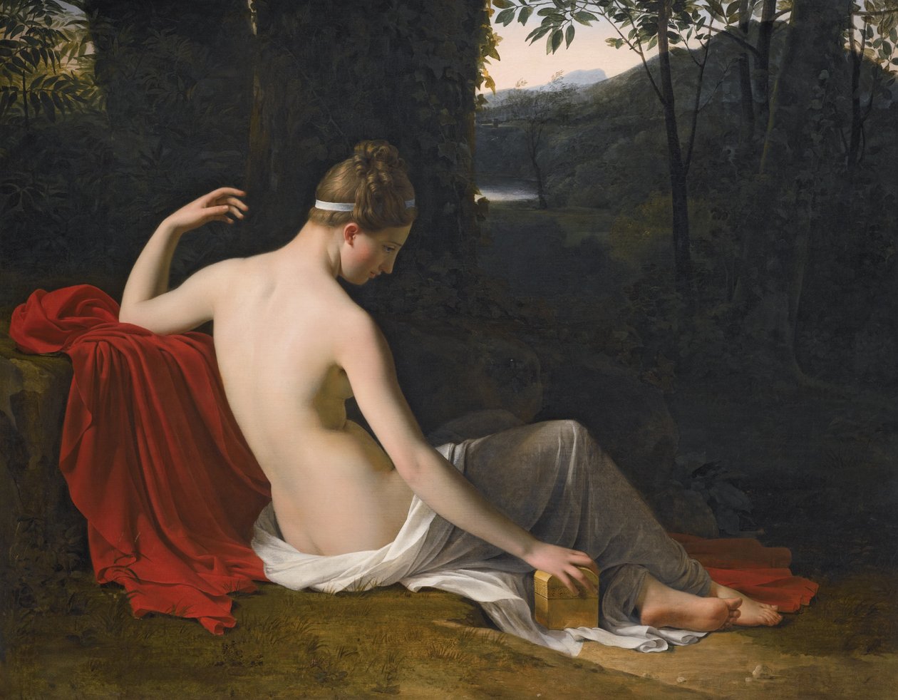 Pandora fekvő erdős tájon alkotó: Louise Marie Jeanne Hersent