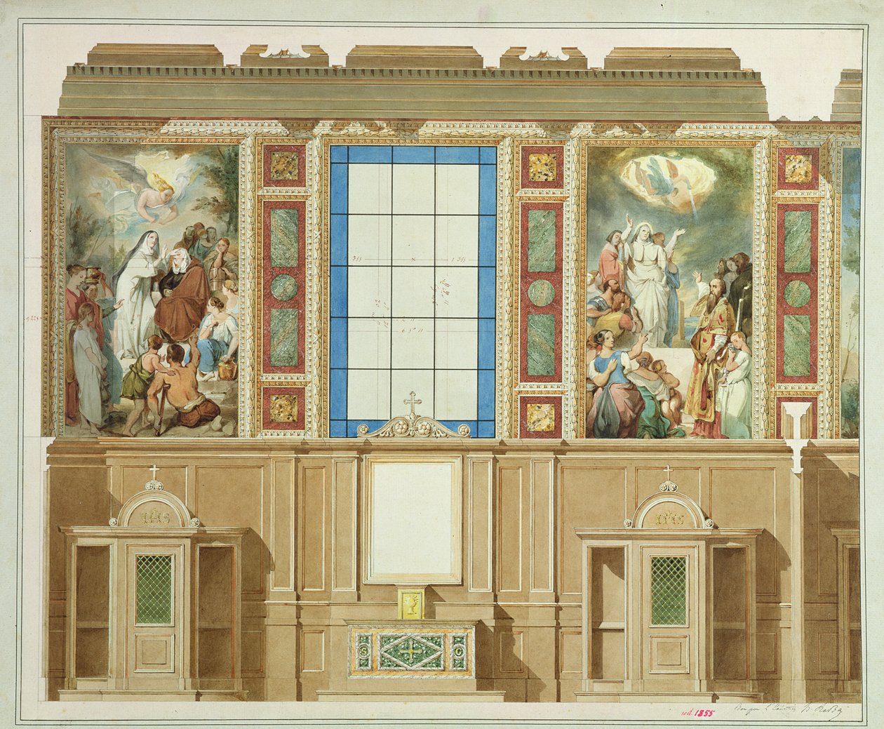 Részlet az egyik kápolnáról az oldalfolyosók alatt, a Notre Dame de Lorette templomot díszítő projektből, 1855 színes litó alkotó: Louis Hippolyte Lebas