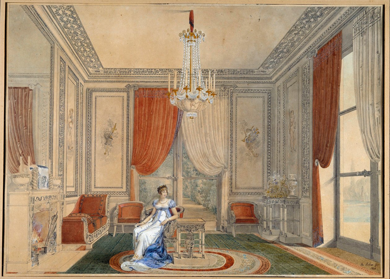 Kilátás az Ezüst Szalonra az Elysee-palotában, Caroline és Joachim Murat idejében. Louis Hippolyte Lebas (1782-1867) akvarellje, 1810-es magángyűjtemény alkotó: Louis Hippolyte Lebas