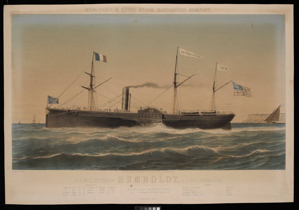 New York  Havre Steam Navigation Company U.S. Mail Steamship Humboldt, D Lines, parancsnok alkotó: Louis Honore Gamain