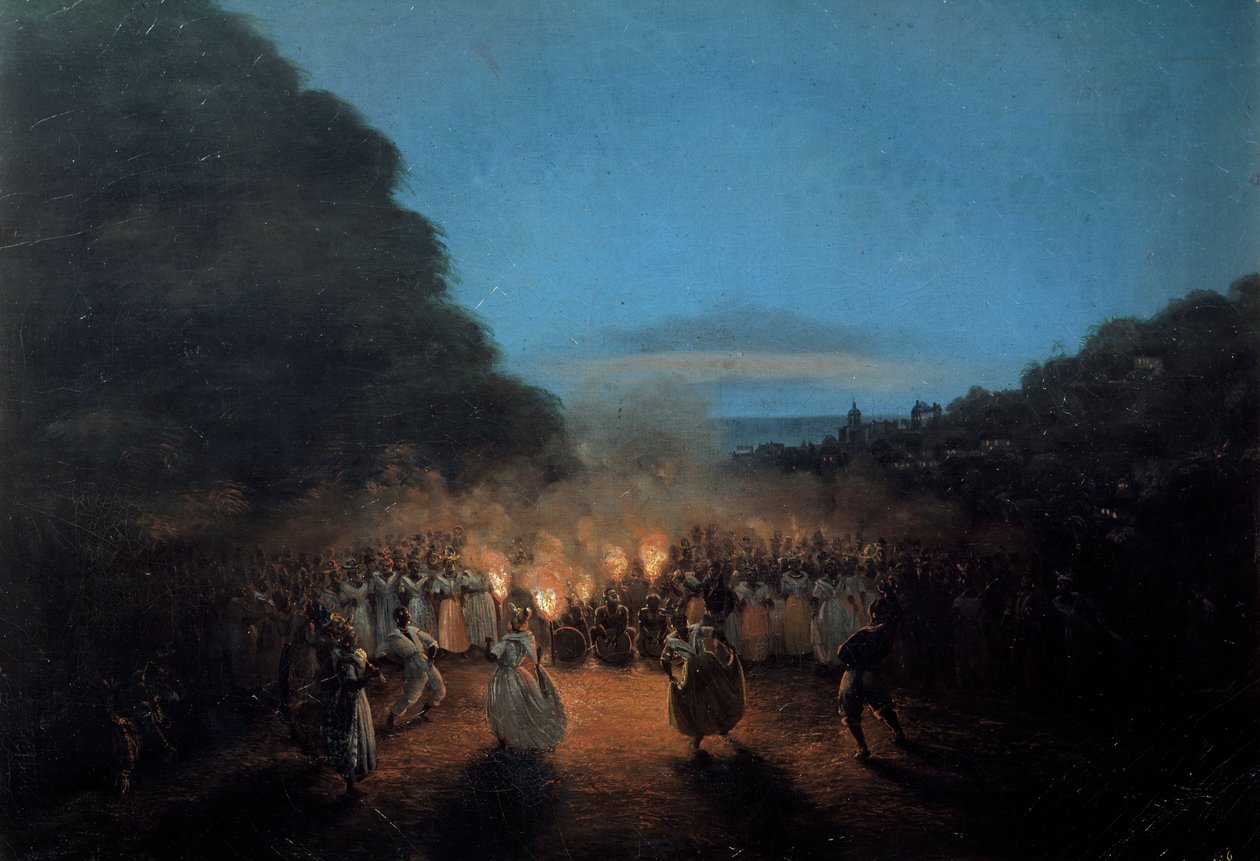 A Bamboula egykor bambuszt (vagy botot) táncol a nyugat-indiai fekete rabszolgatánc-jelenetben, fáklyák fényében. Honore Gamain (1803-1871) festménye, 19. századi La Rochelle, az Újvilág Múzeuma alkotó: Louis Honore Gamain