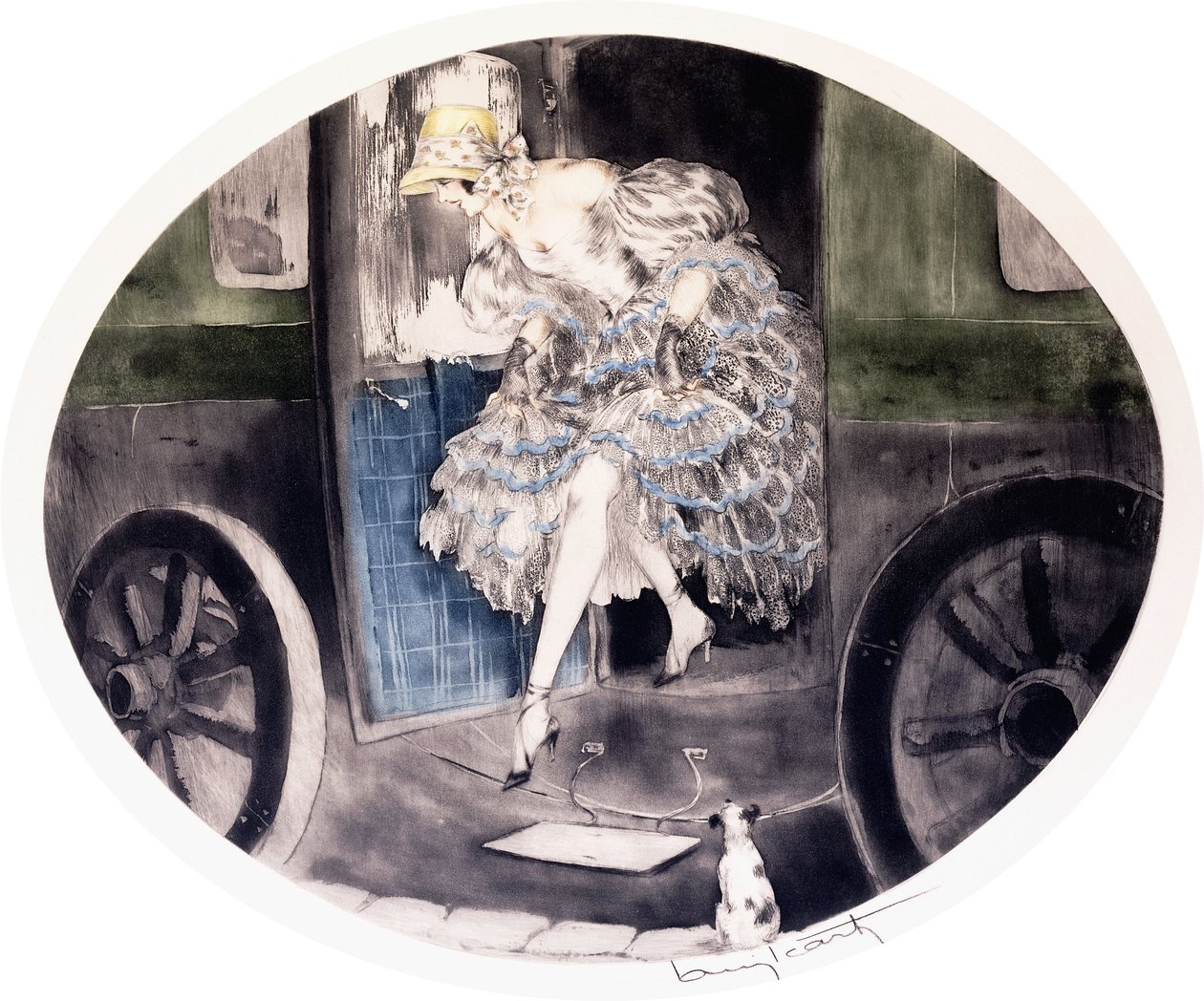 Leszállás a kocsiról, 1920-1930 körül (rézkarc és akvatinta) alkotó: Louis Icart