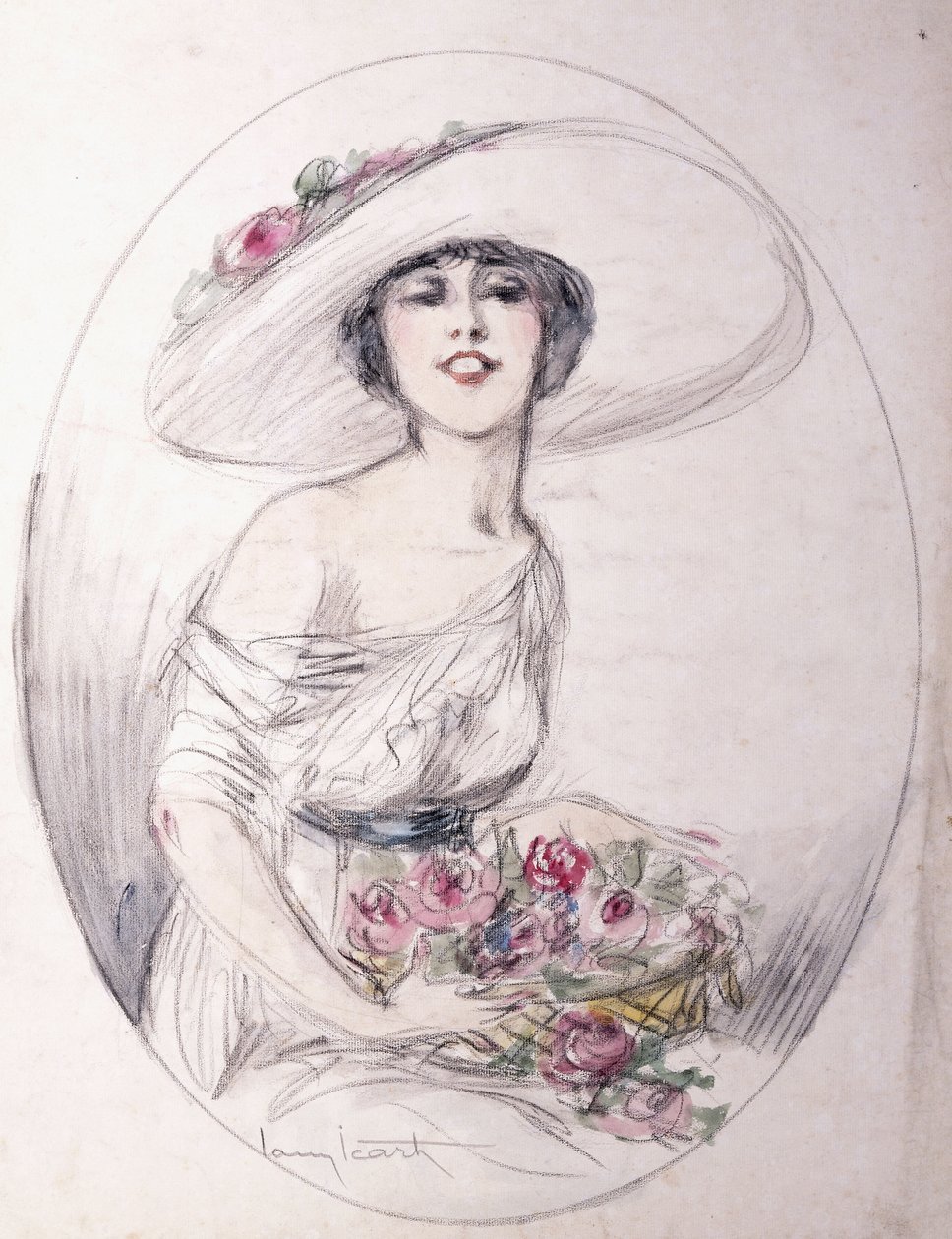 Lány csokor virággal alkotó: Louis Icart