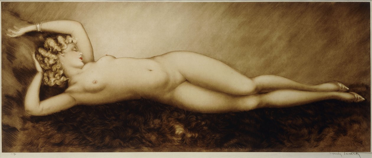 Repose, 1934 körül (rézkarc és szárazhús, színesben nyomtatva) alkotó: Louis Icart