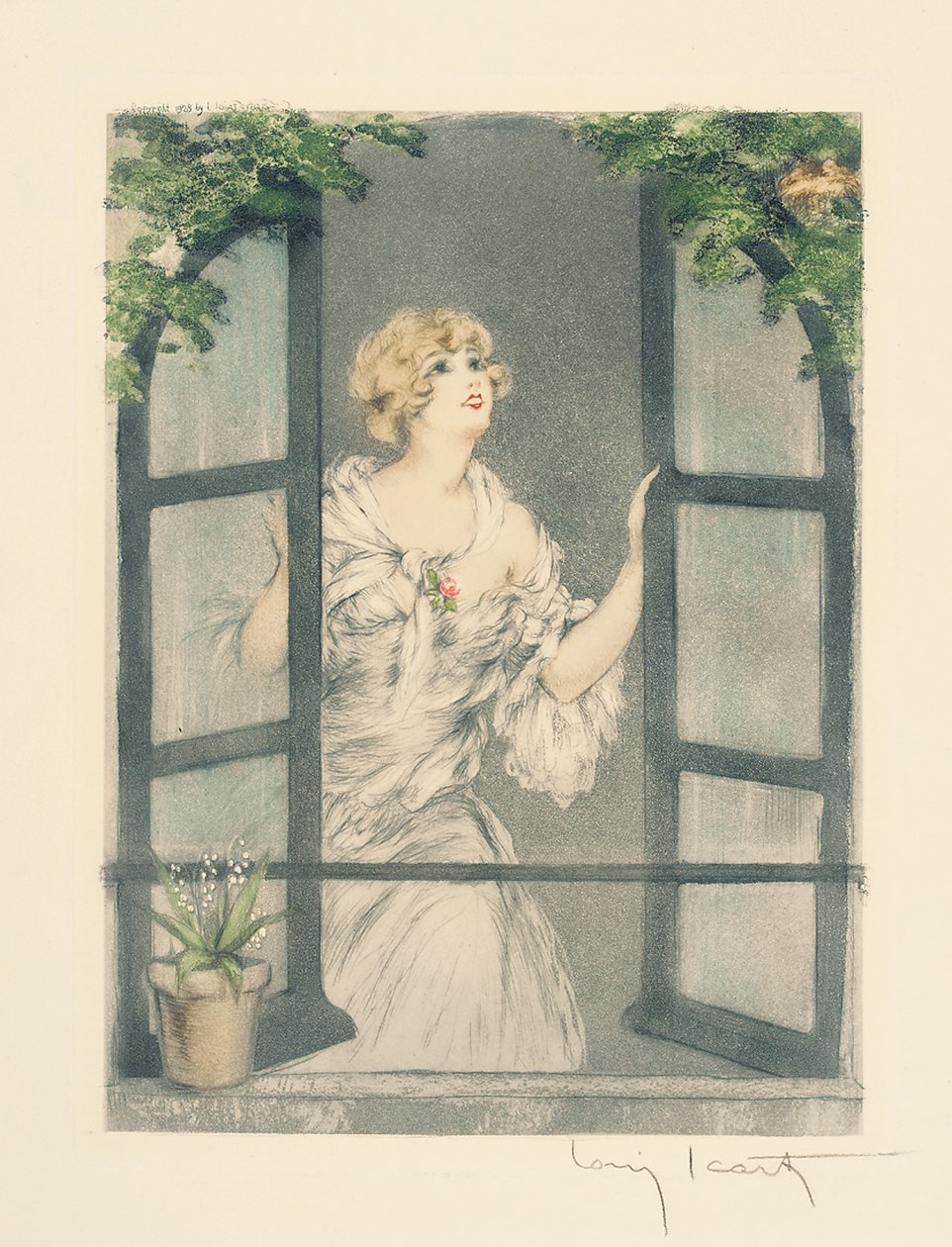 A négy évszak: tavasz, 1928 körül (kézzel színezett szárazhegy és akvatinta) (lásd még: 745548-51) alkotó: Louis Icart