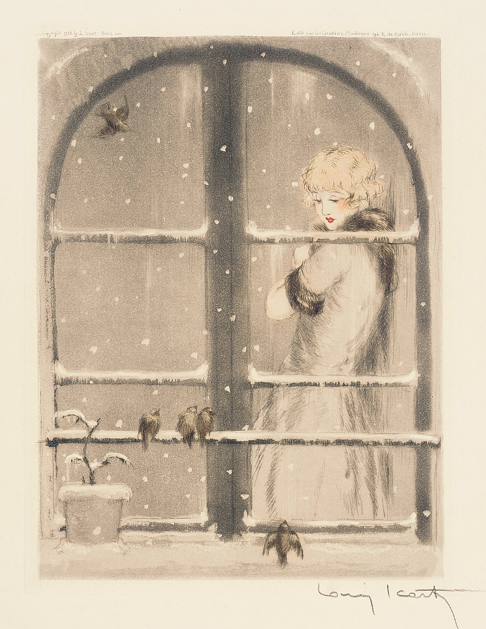 A négy évszak: tél, 1928 körül (kézzel színezett szárazhegy és akvatinta) (lásd még: 745548-50) alkotó: Louis Icart