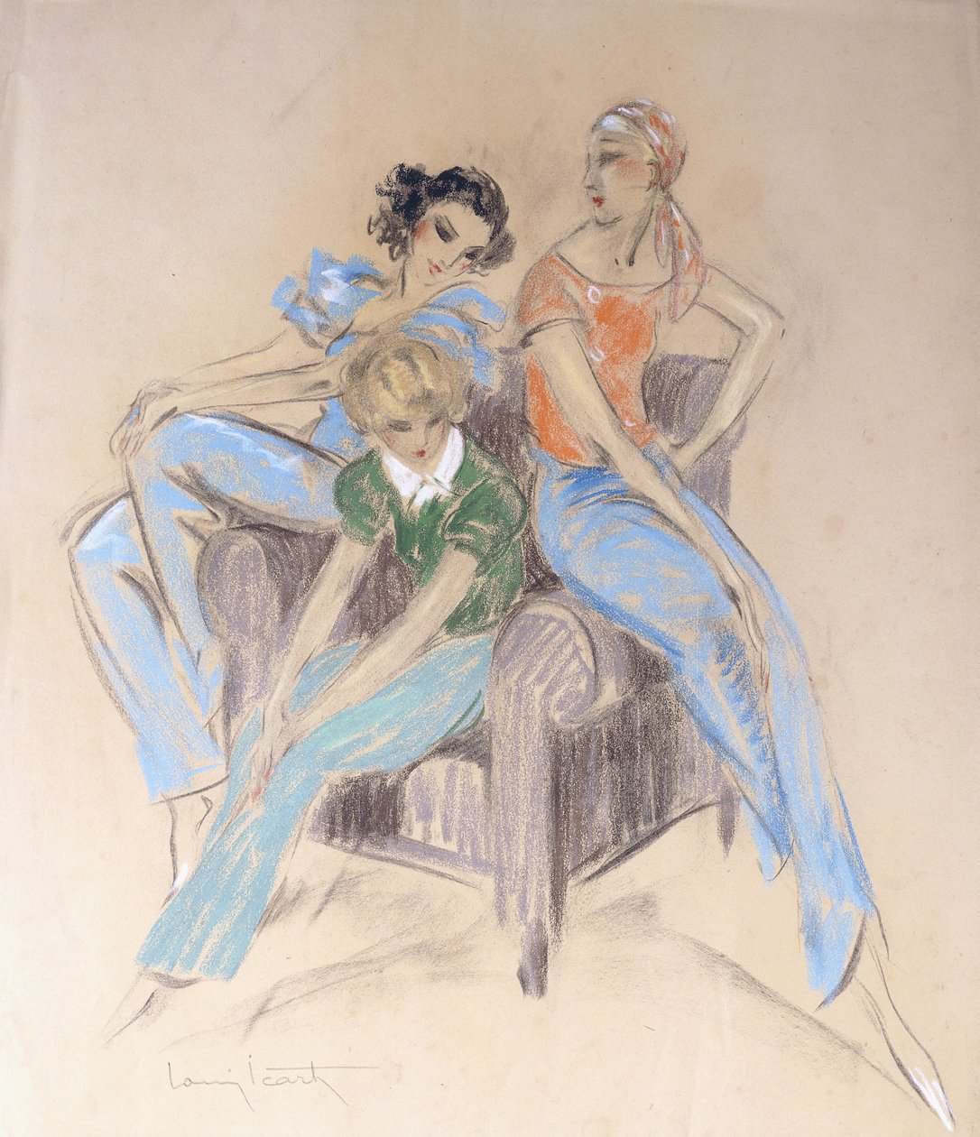 Három lány ül egy karosszékben alkotó: Louis Icart
