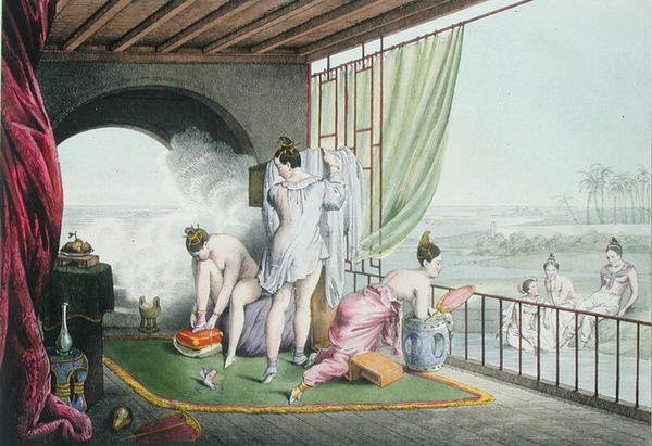 Fürdőzők a vécéjükben, 1824-27 (színes litho) alkotó: Louis Jacques Nicolas Schaal