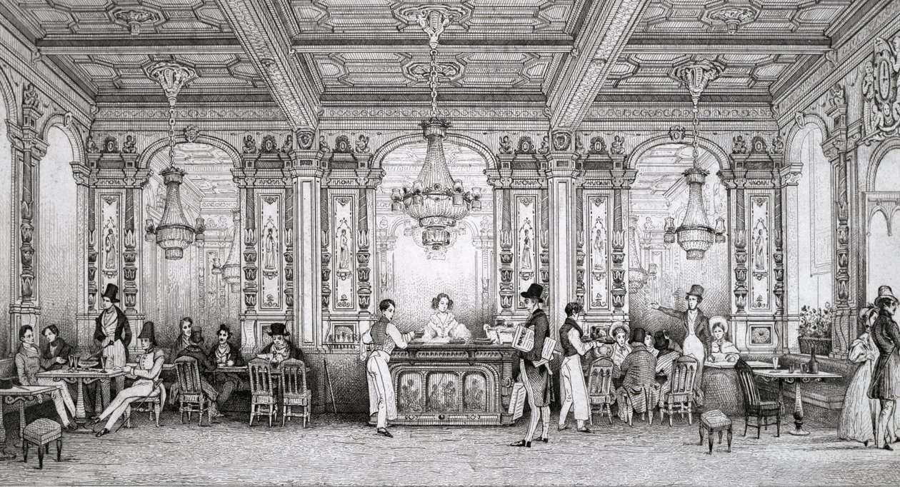 A Dusillon építész által épített Cafe de la Banque de France a Place de Victoire - Schaal metszete - 1839 - alkotó: Louis Jacques Nicolas Schaal