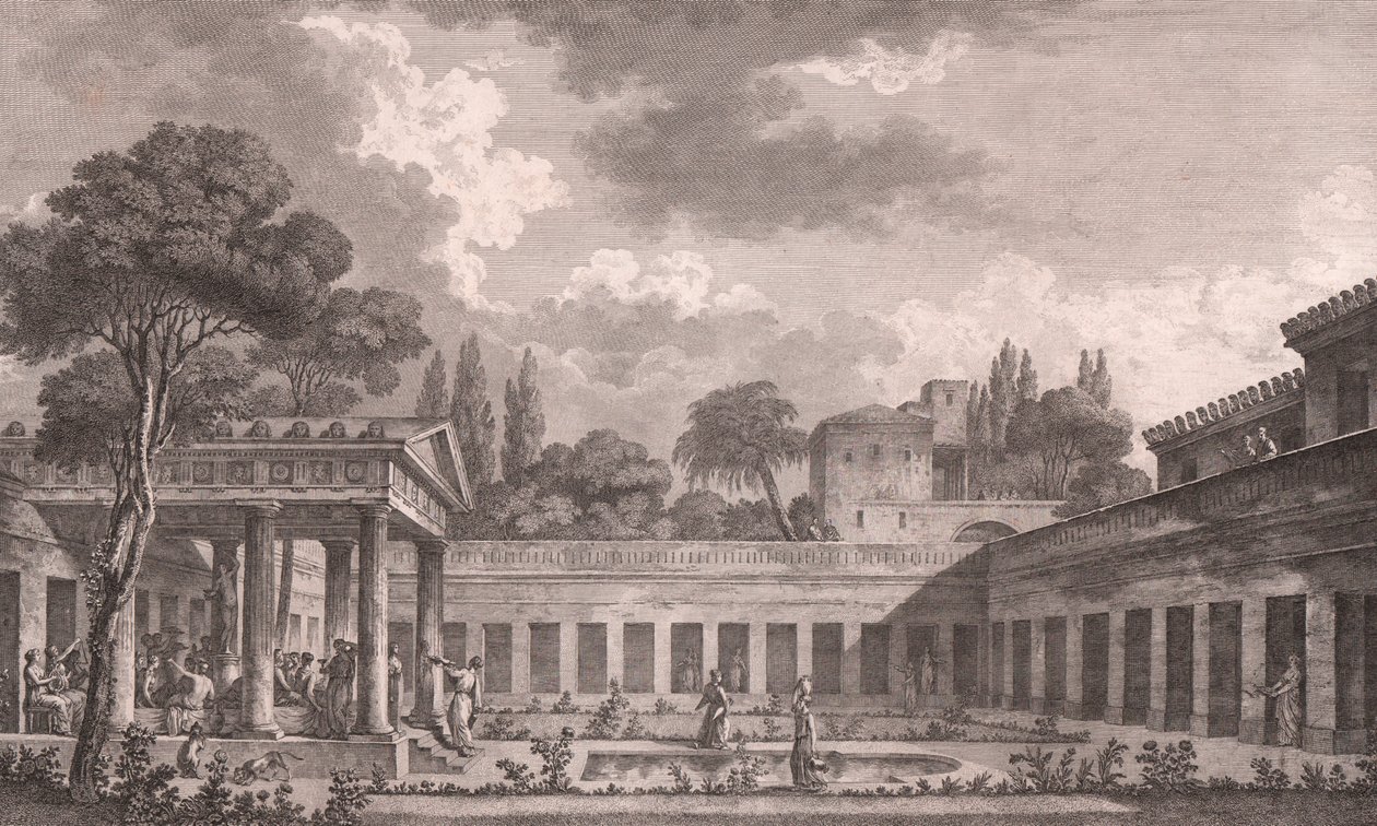 A pompeji Diomédész-villa ideális rekonstrukciója a Vezúv vulkán kitörése előtti eredeti állapotára i.sz. 79-ben, Campania, Olaszország, rézkarc Louis Jean Desprez (1743-1804) rajza alapján, kb 21x34 cm alkotó: Louis Jean (after) Desprez