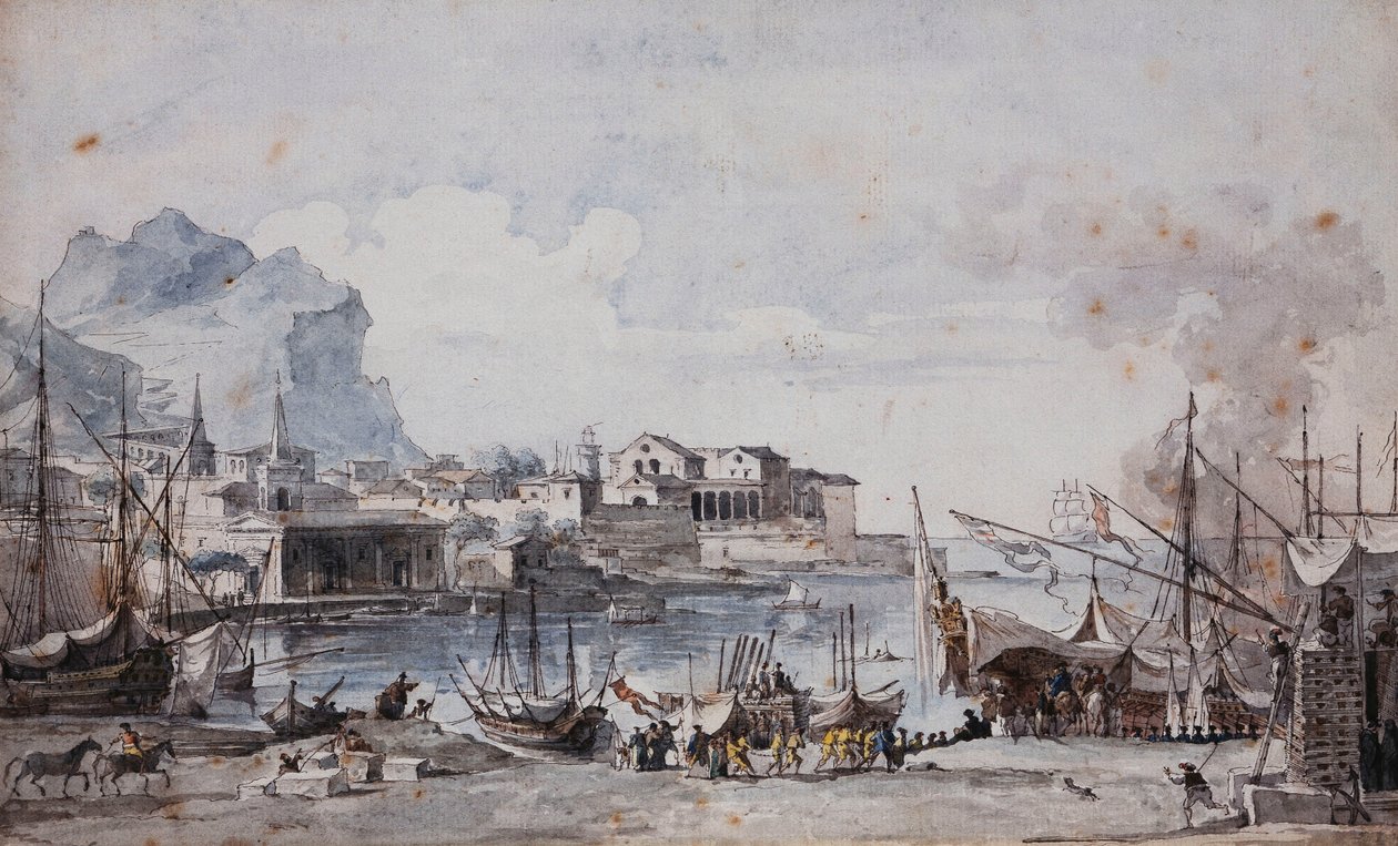 Kilátás a palermói kikötőre, 1777 alkotó: Louis Jean Desprez