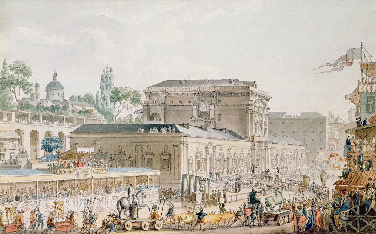A Herculaneumban talált régiségeket a Nápolyi Múzeumba szállítják, 1782 körül (toll, tinta és WC papíron) alkotó: Louis Jean Desprez
