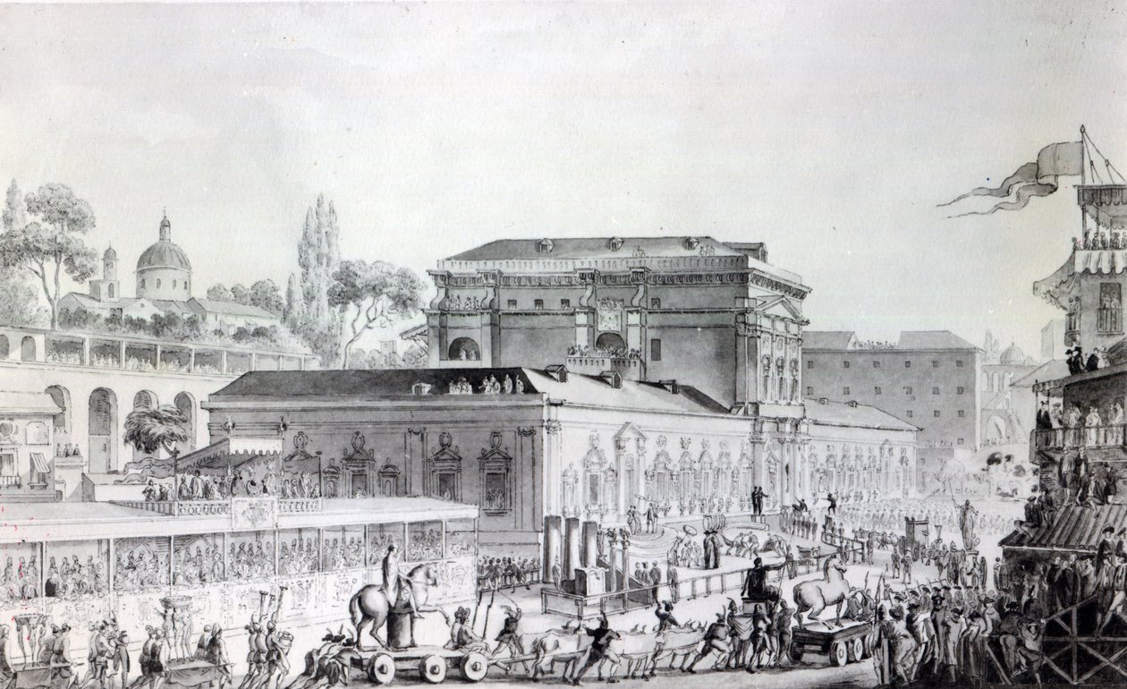 A Herculaneumban talált régiségeket a Nápolyi Múzeumba szállítják, 1782 körül (toll, tus és akvarell papíron) alkotó: Louis Jean Desprez