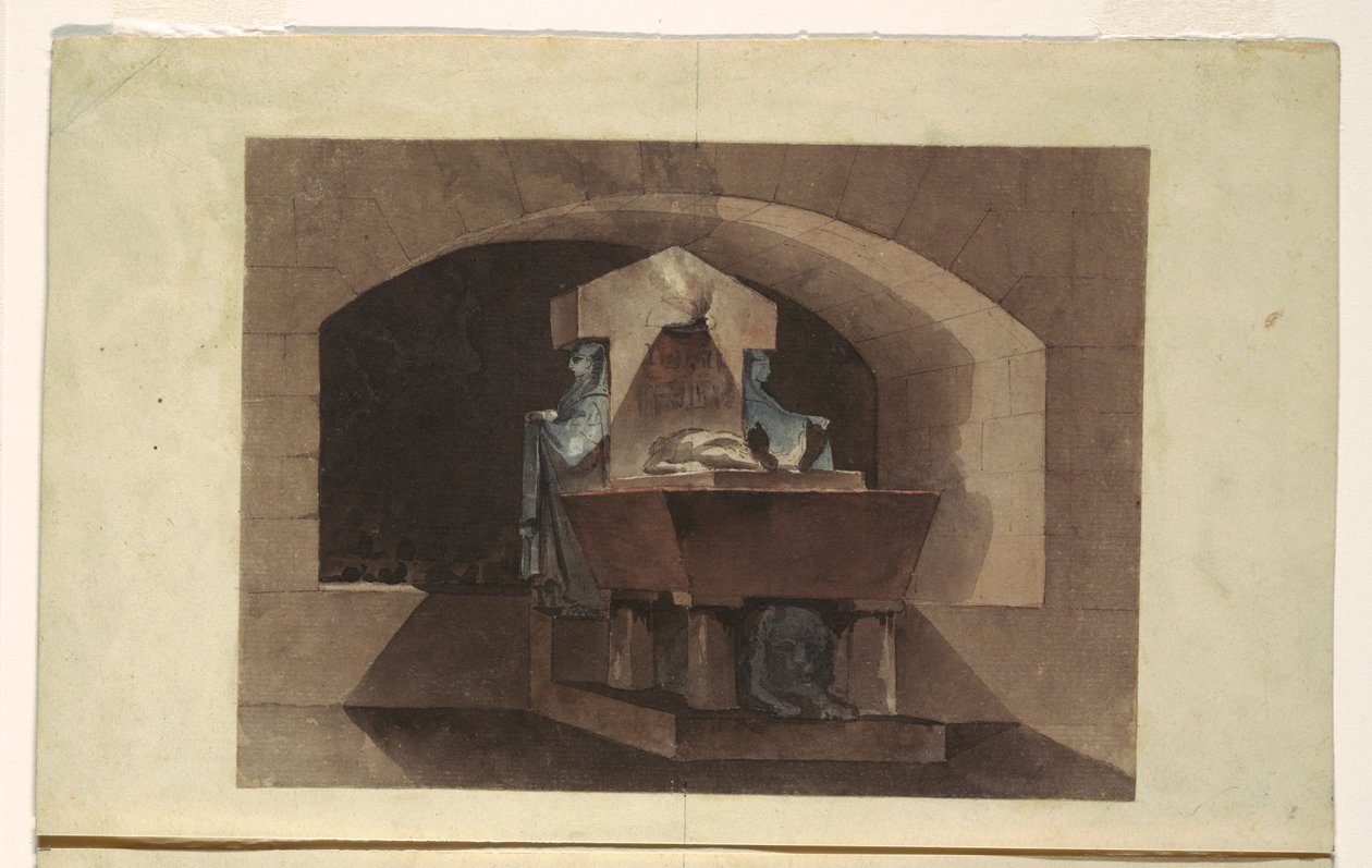 Rajz, Egyiptomi stílusú sírkamra kariatidákkal és oroszlánnal, 1779-84 körül. alkotó: Louis Jean Desprez