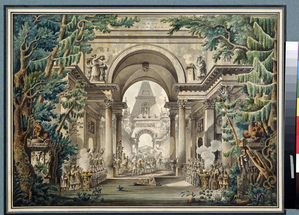 ""La procession au temple"" (Koncesszió a templomban) Színdarab szcenográfia. Akvarell: Louis Jean Desprez (1743-1804) Puskin Múzeum, Moszkva alkotó: Louis Jean Desprez