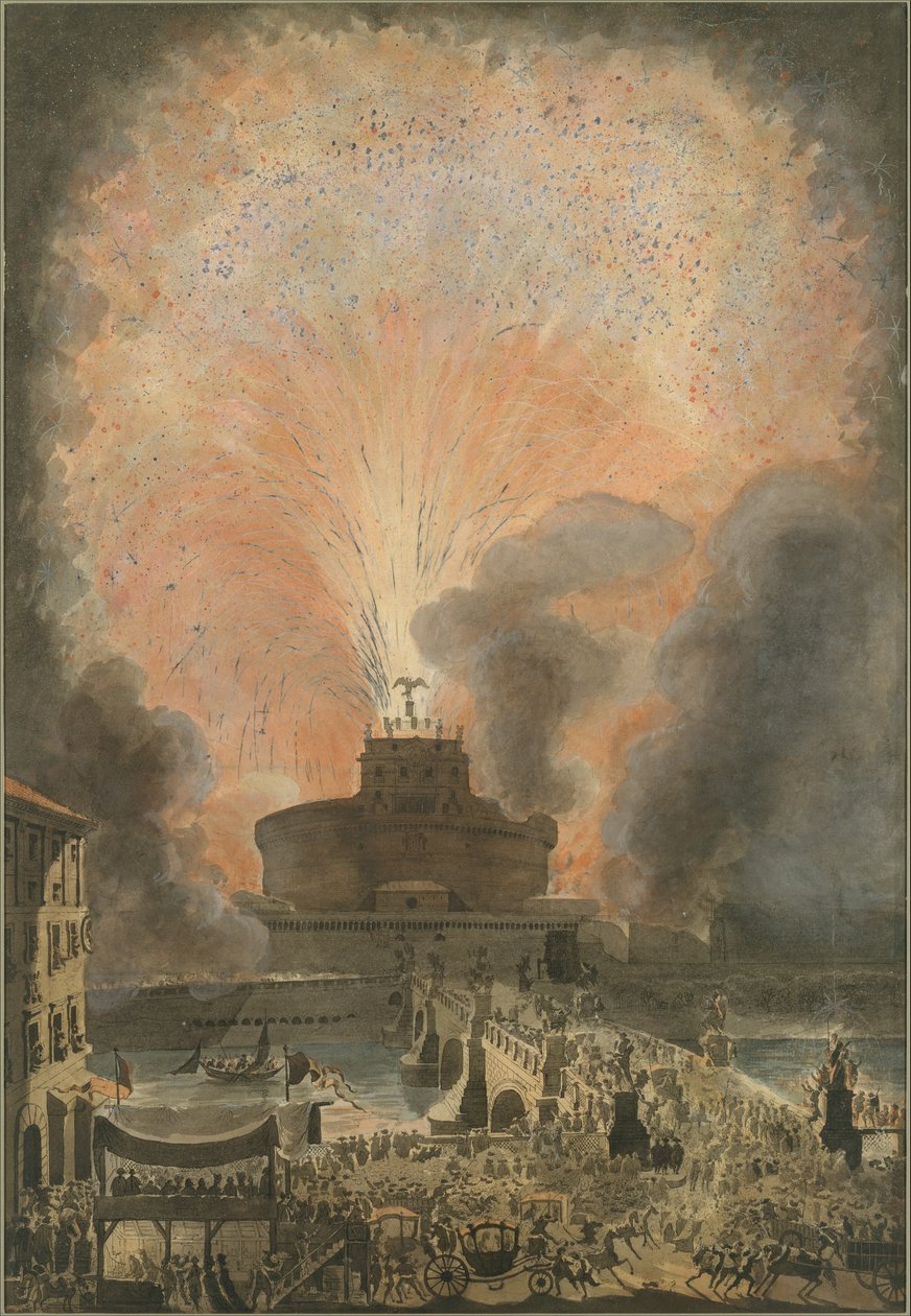 A Girandola az Angyalvárban, 1781 körül (rézkarc kézi színezéssel) alkotó: Louis Jean Desprez