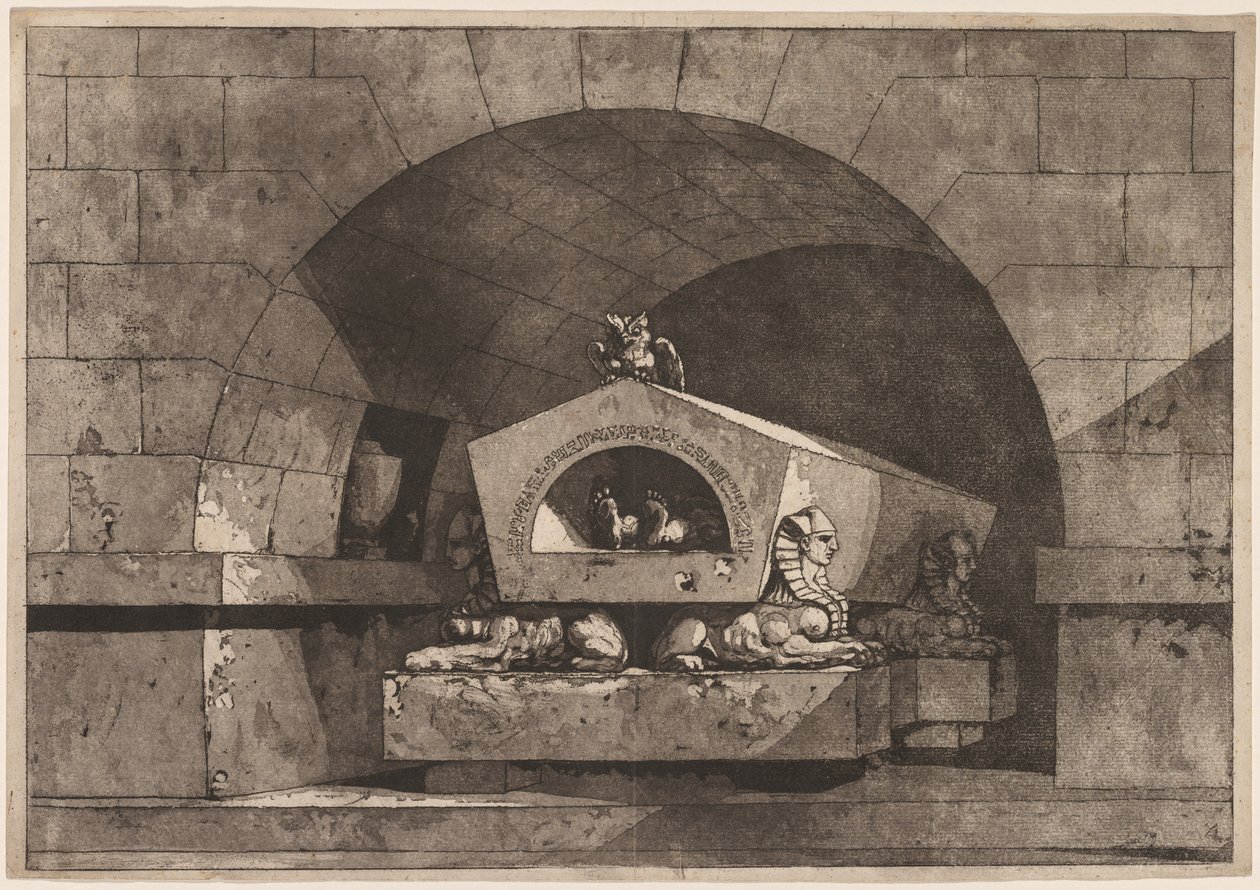 Sír szfinxszel: Temetési emlékmű bagollyal szarkofágon Szfinx támogatásával, c. 1779-84. alkotó: Louis Jean Desprez