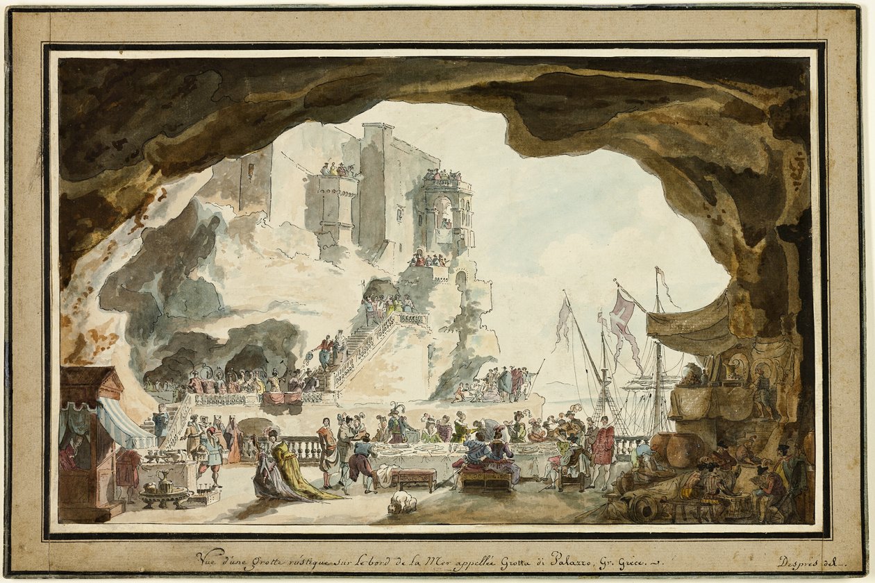 Kilátás a Grotta di Palazzo-ra banketttel alkotó: Louis Jean Desprez