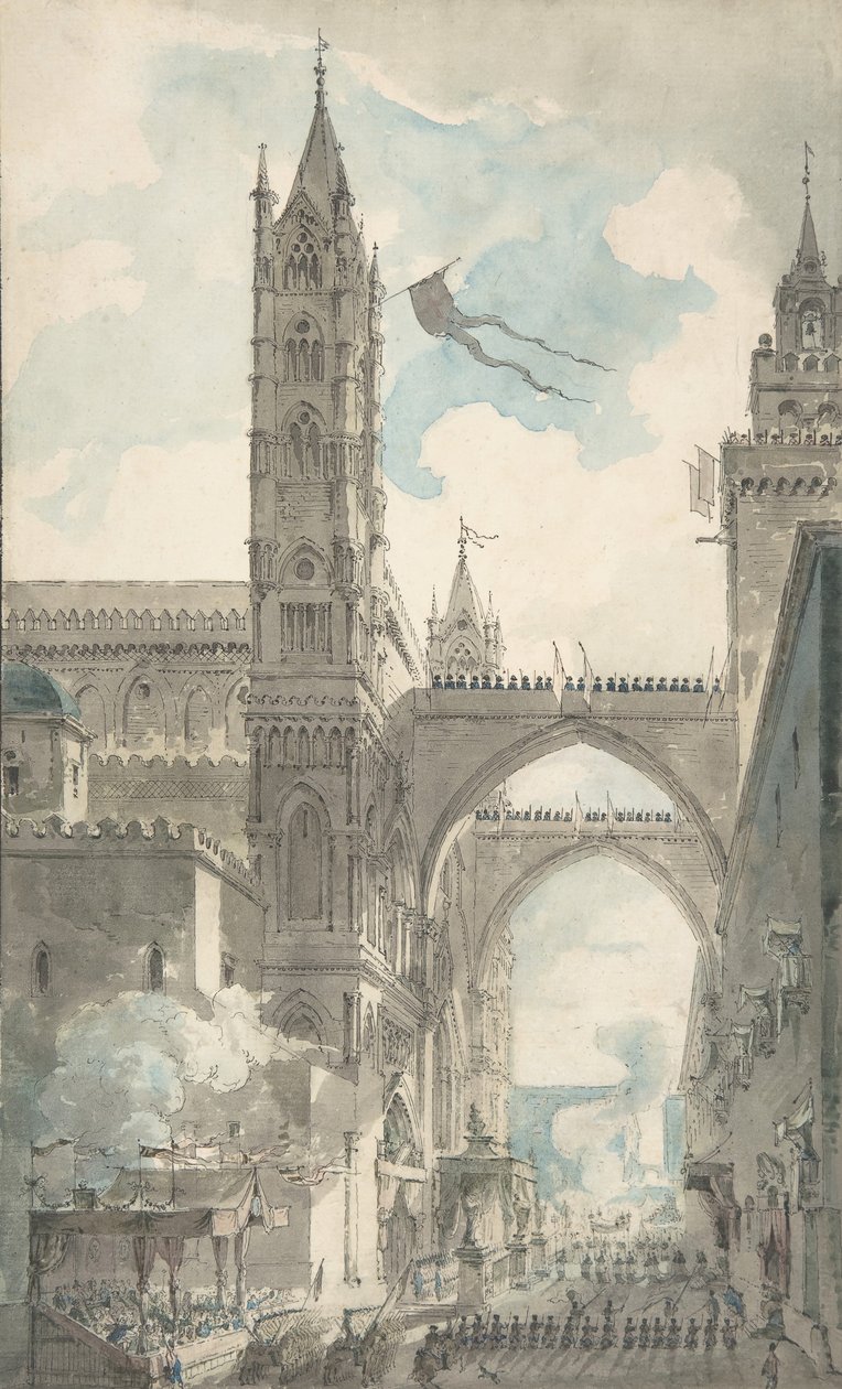Kilátás a palermói székesegyház portáljára és főbejáratára a fesztivál ideje alatt..., n.d. alkotó: Louis Jean Desprez