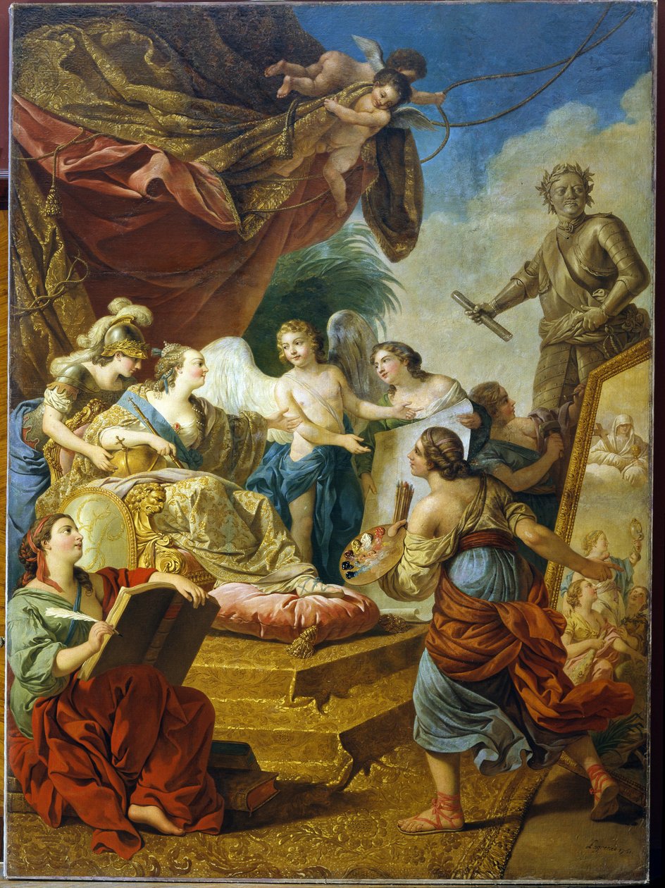 Erzsébet orosz császárné (I. Elisabeth Petrovna Romanov cárnő, Kelemen (1709-1762), a művészetek védőnője. (Erzsébet Petrovna császárné a művészetek védőnője) Louis Jean Francois Lagrenee (1725-1805) festménye, olaj a weben alkotó: Louis Jean Francois I Lagrenee