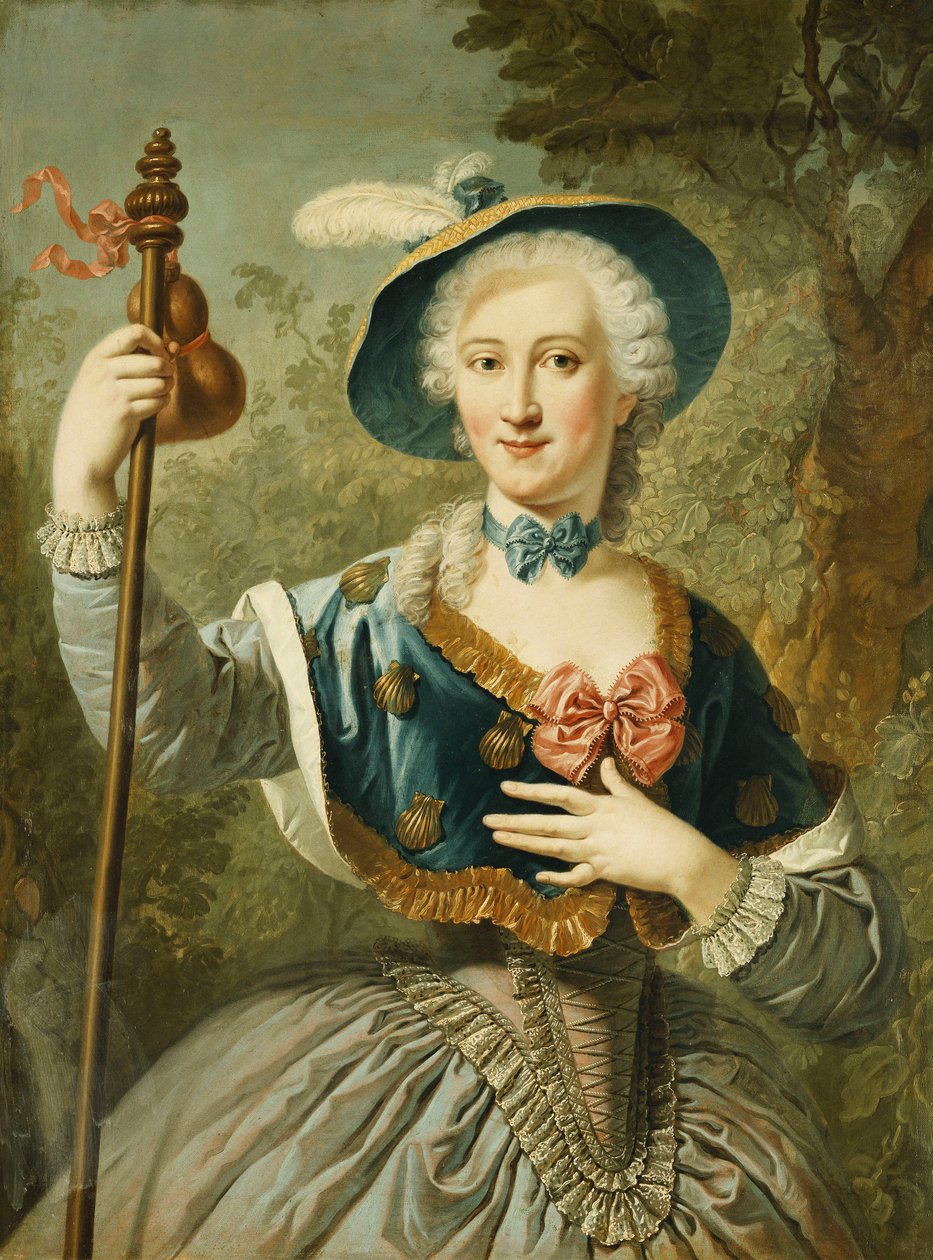 Háromnegyed hosszú, zarándoknak öltözött, kék bélésű szalmakalapot és tollat viselő hölgy portréja, 1747 alkotó: Louis Jean François Lagrenée