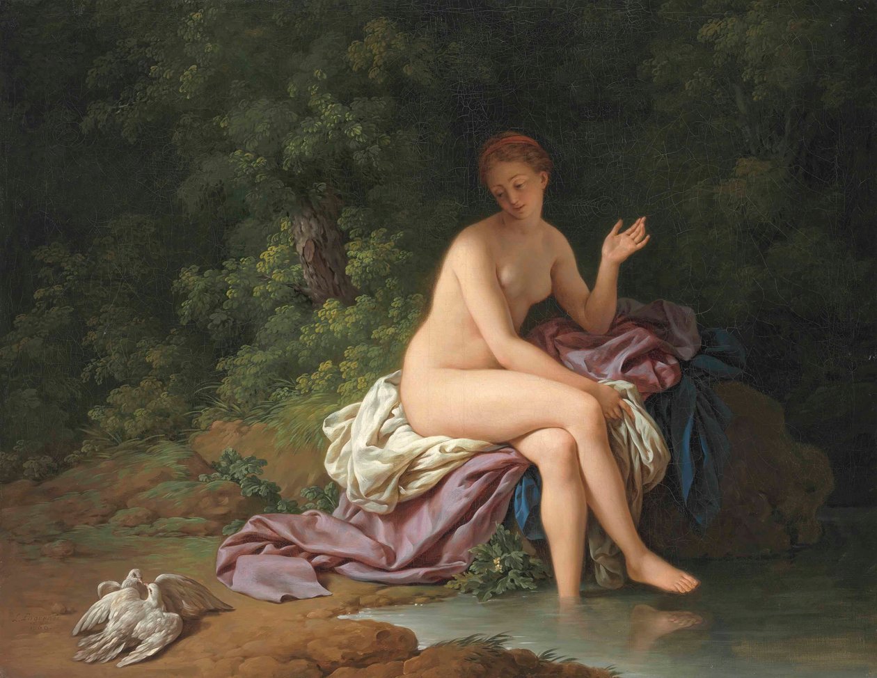 Egy hölgy fürdik egy folyó mellett, két teknősgalamb társaságában. alkotó: Louis Jean François Lagrenée