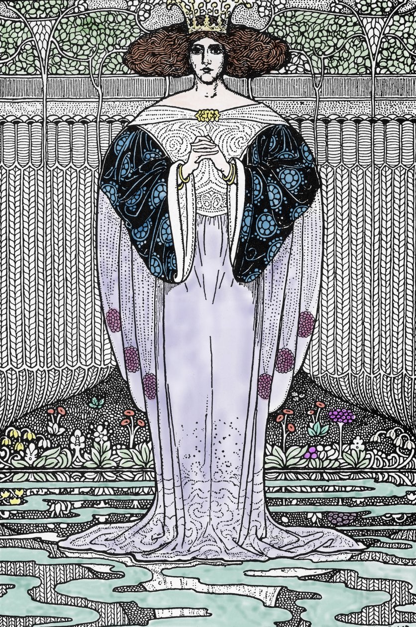 A tó hölgyének ábrázolása (Nimue, Viviane) Louis Rhead (1858-1926) illusztrációja „Artúr király és lovagjai” c. alkotó: Louis John Rhead