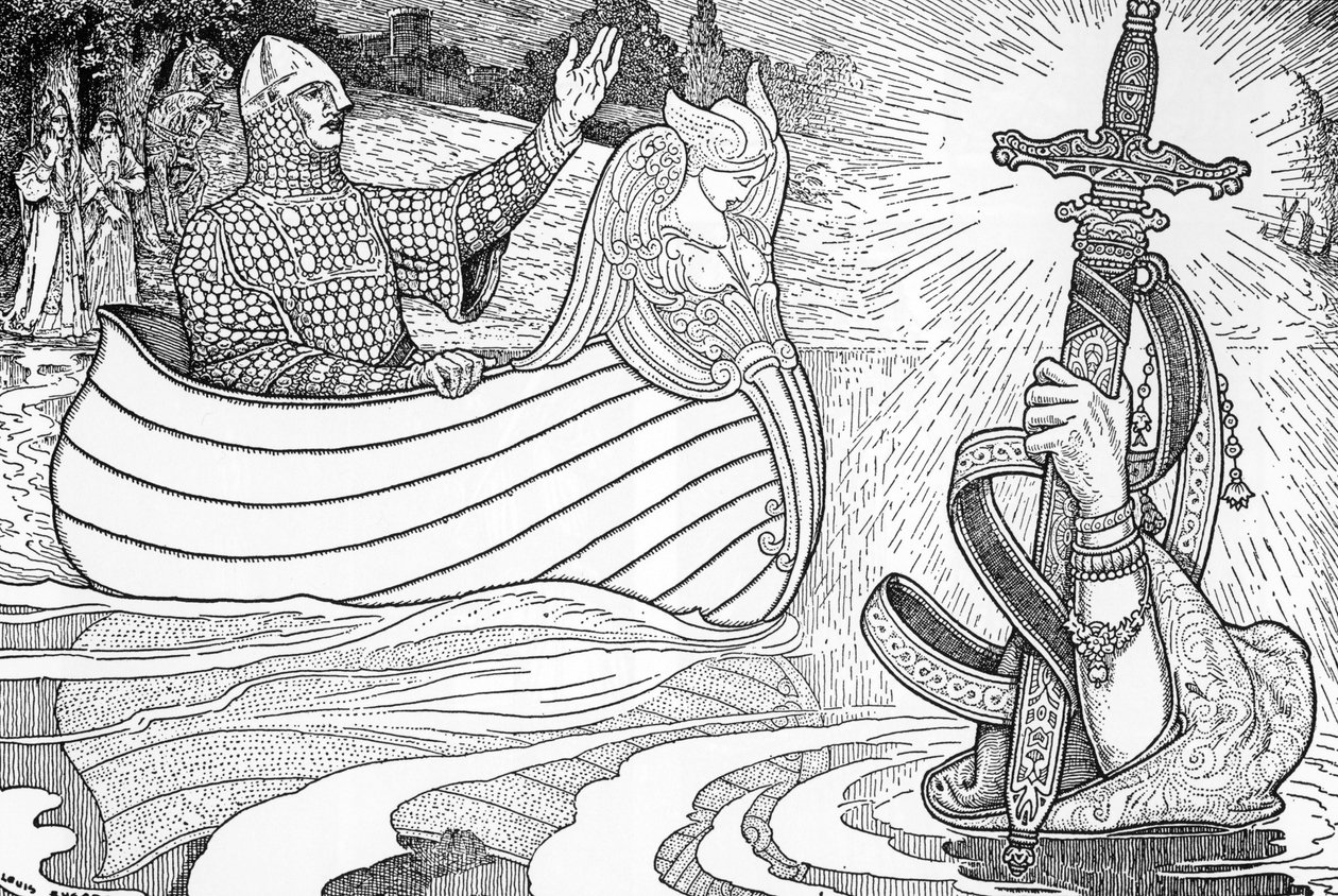 A tó asszonyának (fee viviane) ábrázolása, az Arthur legendák karaktere, Arthur királynak az Excalibur epeus (Arthur legenda: Lady of the Lake (Nimue, Viviane) Arthur királynak Excalibur kardját adja) Illusztráció: Louis Rhead (1858) -1 alkotó: Louis John Rhead