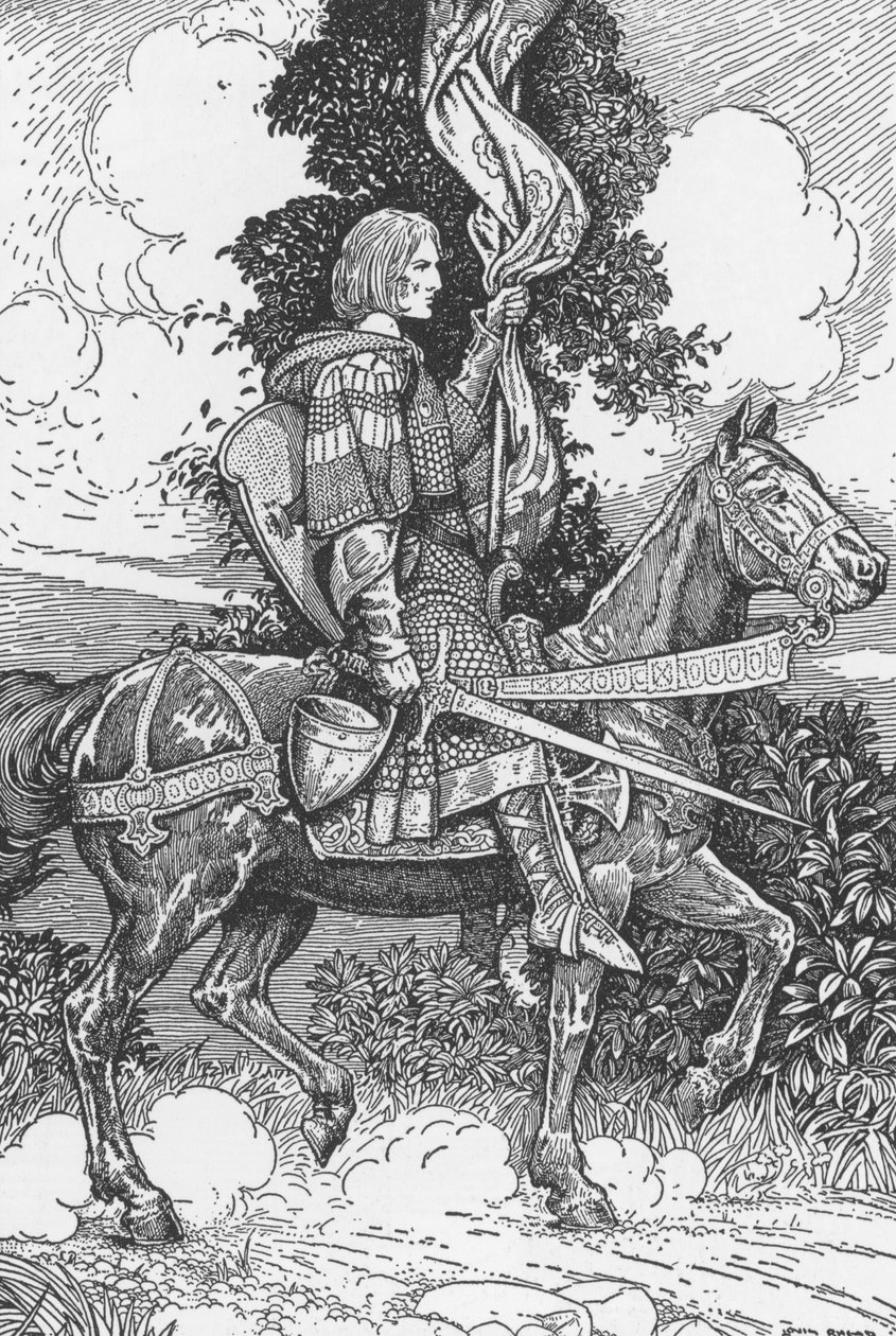 Sir Tristam lovaglás a Tintagil kastélyba Louis Rhead (1858-1926) illusztrációja az „Artúr király és lovagjai” című művéből, 1923 Magángyűjtemény alkotó: Louis John Rhead