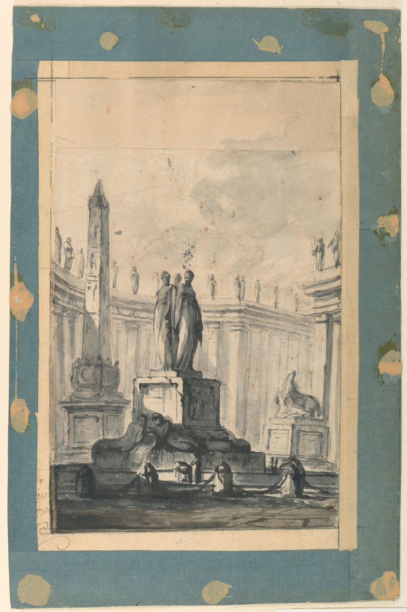 Rajz, Építészeti fantázia szökőkúttal és obeliszkkel, 1745 körül. alkotó: Louis Joseph Le Lorrain