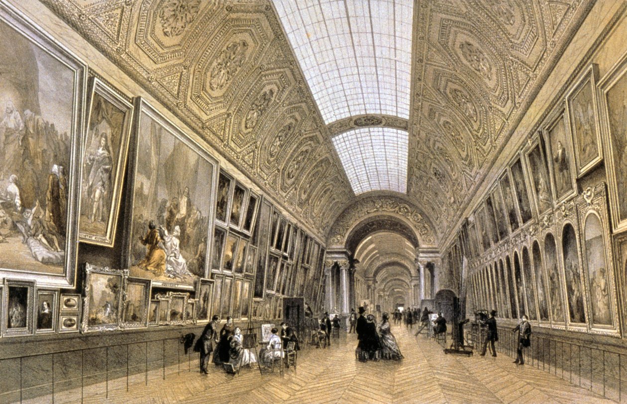A Grande Galerie, Louvre múzeum, 1850 körül (rajz) alkotó: Louis Jules (after) Arnout