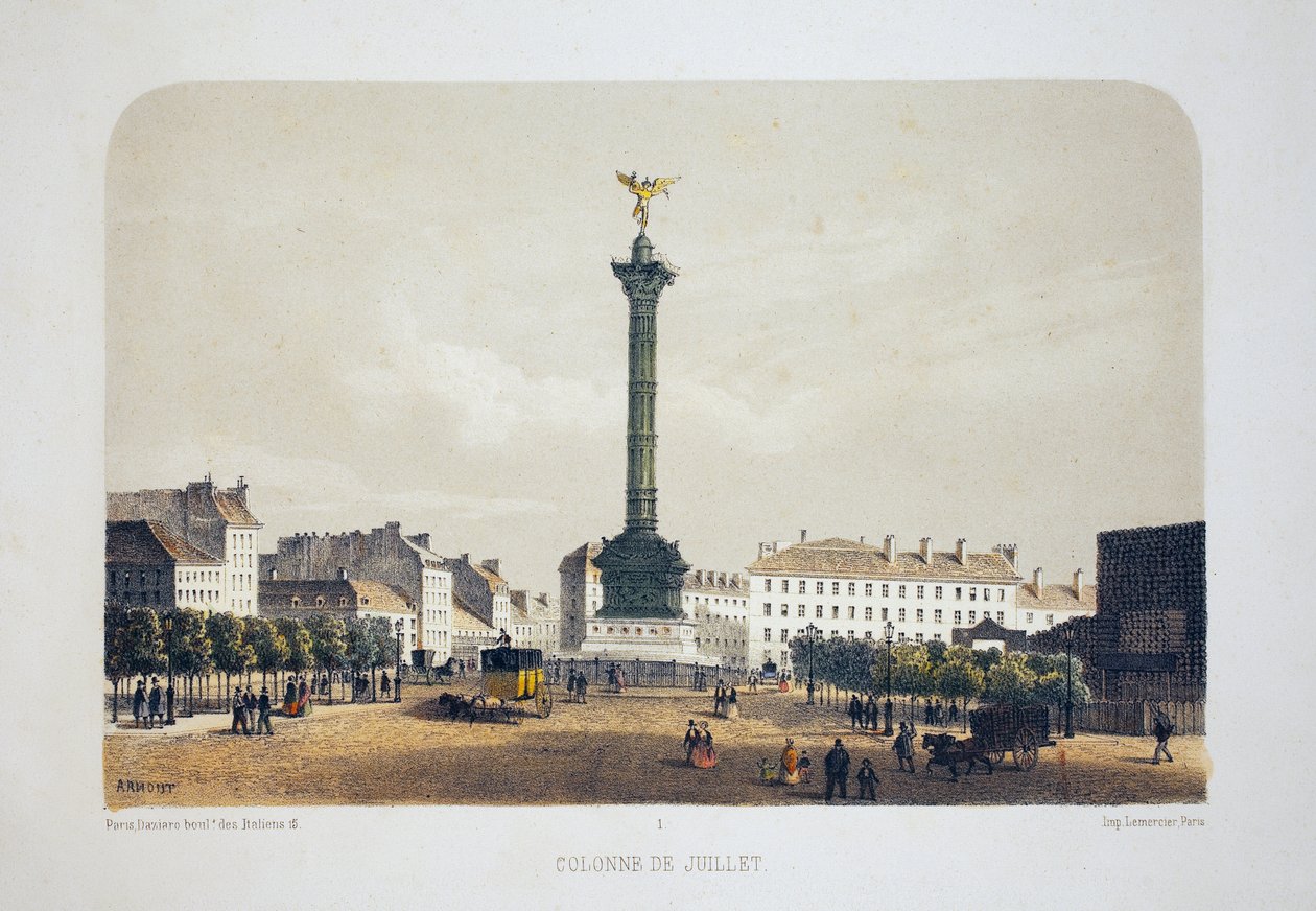 júliusi oszlop (Place de la Bastille), Párizs. Litográfiai akvarell, Arnout illusztrációja, „Album, souvenirs de Paris”-ban, Daziaro szerkesztő, Párizs alkotó: Louis Jules Arnout