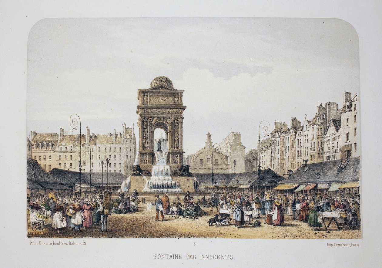 Ártatlanok szökőkútja (Nimfák szökőkútja), Párizs. Litográfiai akvarell, Arnout illusztrációja, „Album, souvenirs de Paris”-ban, Daziaro szerkesztő, Párizs alkotó: Louis Jules Arnout