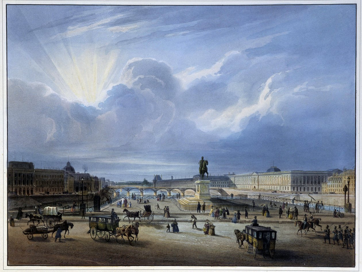 Általános nézet a Louvre-ról és IV. Henrik szobráról – Arnout „” Paris en 1837”-ben alkotó: Louis Jules Arnout
